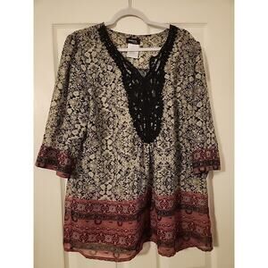 Ambria Women's Blouse Sheer Crocheted V- Neckline 14